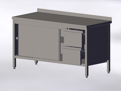 Cupboard-Table With Wall-side Panel, Sliding Doors and Drawers